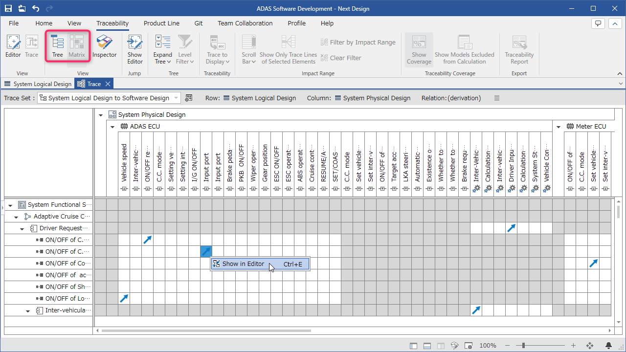 Switching between tree format and matrix format