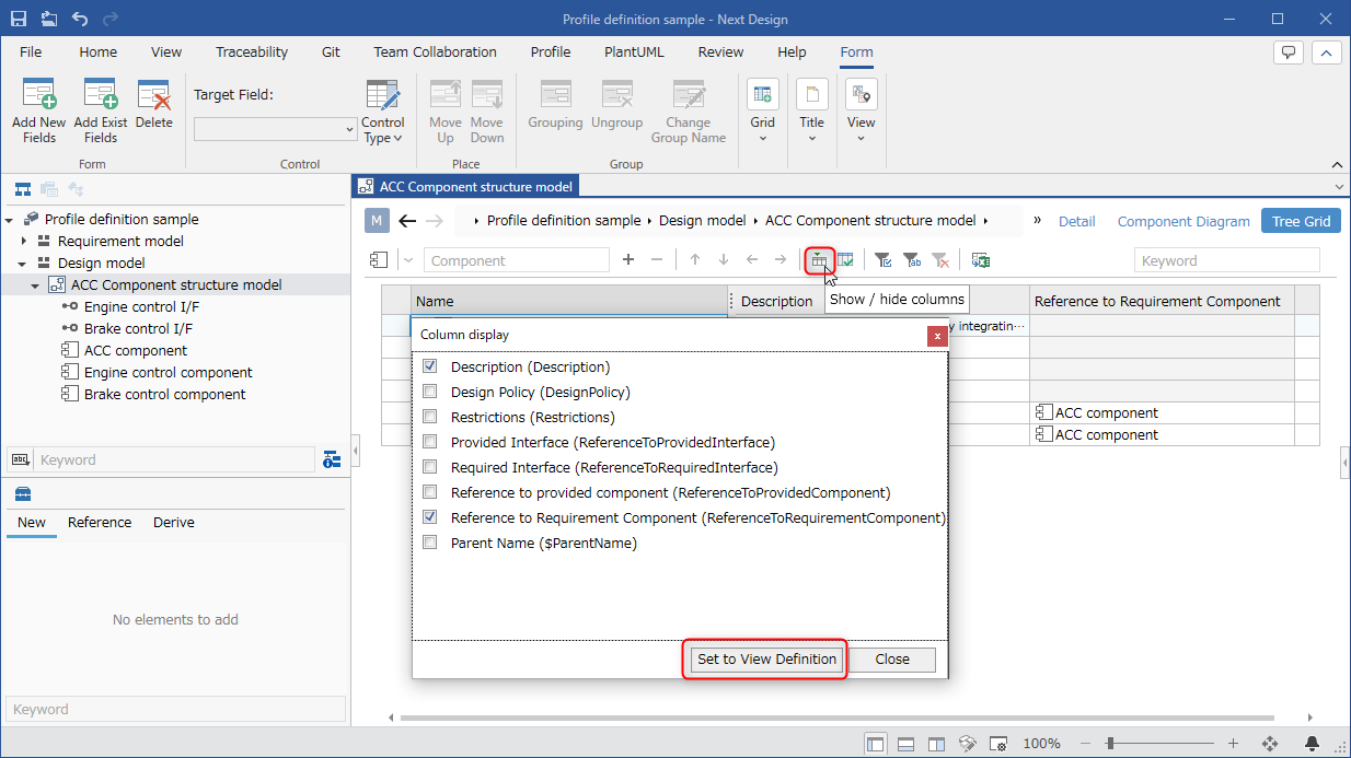 Change the displayed columns of the grid